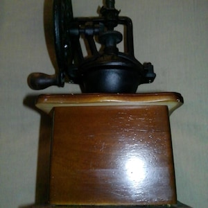 Coffee Grinder Mill - Victorian style repro - WORKING cast iron and wood form 8.5" high at crank handle knob