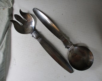 Silverplate Serving Spoon and Fork Set - Art Deco Flower Bud and bloom 12" - Fun forms for soup/salad/pasta etc serving