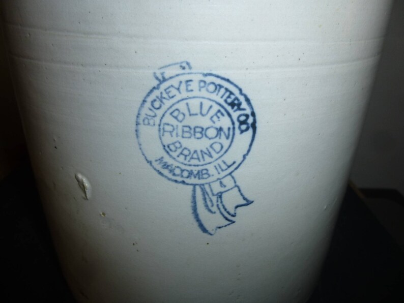 Buckeye Pottery Blue Ribbon Brand Gallon Crock Brown and White Jug Form