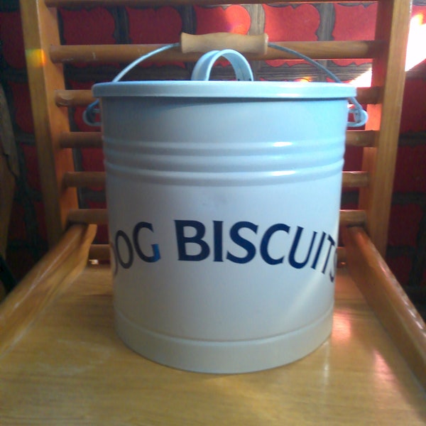 Dog Biscuit canister - white w black trim enamel on metal - 2 gallon form w lid and swing handle 8.5" high x 9" diam. across lid