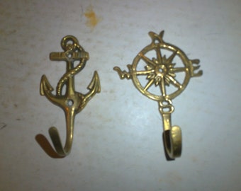 Nautical Brass Wall Hooks - 4.25"high - 3" wide Compass Rose and 2" wide Anchor forms - great seaside decor ashore or afloat