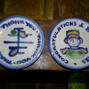 M.A. Hadley Pottery Saucers - Thank You and Best Wishes/Congratulations versions - 4.25" diam. x .6"