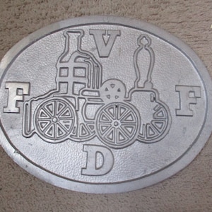 VFFD Cast Metal Fire Mark - 11.5&quot; x 9&quot; oval cast Relief Form - Mid Century one off fire department sign - Great condition
