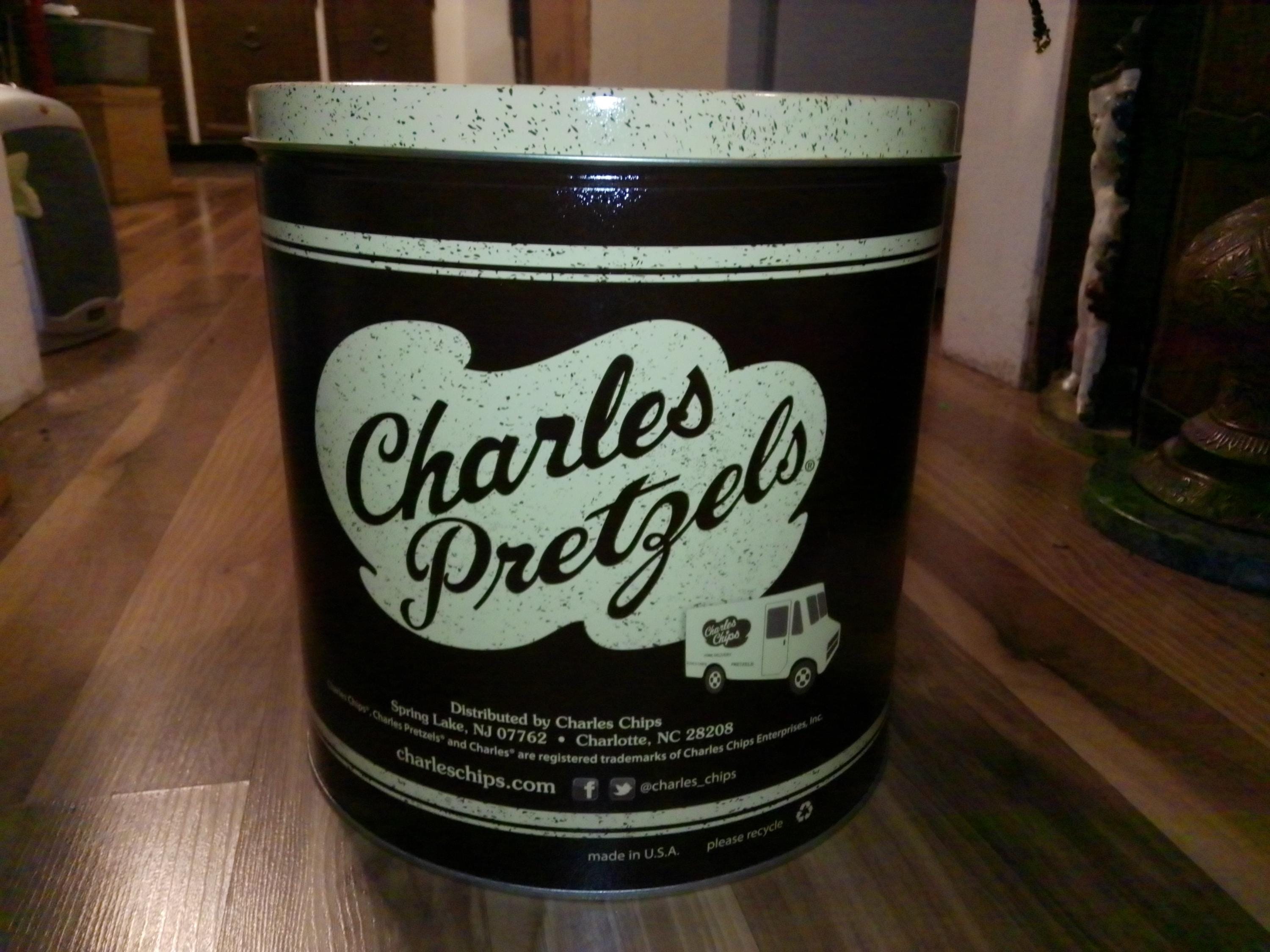 Charles Chips Pretzels Tin - 1970s REPRO 1 LB Tin and Advertising