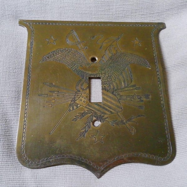Vintage Etched Brass Switchplate -Federalist Eagle and Shield with USA Flag and Sword background - fun and eye catching 5.75" wide and high