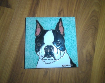 Boston Terrier Decorative Tile by Pumpkin Tile of NM. - 6" sq. ceramic tile w hanger on reverse -hand glazed kiln fired