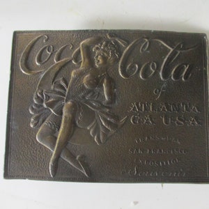 Coca-Cola Trans-Pan Exposition belt buckle - 3.6&quot; x 2.75&quot; rectangular form for belts 1.75&quot; wide. By Lewis Buckle - great condition 60s repro