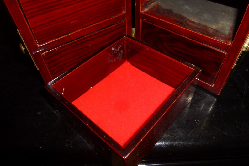 Excellent Condition Enamel and Brass Decor on Lacquered Rosewood Korean Folding Form with 4 Drawers Ornate Jewelry Box