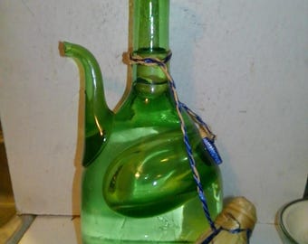 Charming green glass Chianti Wine Bottle pitcher and chiller- 85 oz decanter with ice chamber to keep drinks cold yet not dilute them