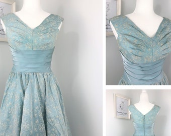 Vintage 1950s Ice Blue Iridescent Sharkskin Metallic Floral Embroidery Full Swing Skirt Party Dress