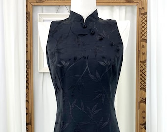 Vintage 1990s Black Quipao Asian Style Bamboo Damask Dress M-L