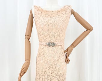 Vintage 1930s Ivory Bias Cut Lace Gown with Art Deco Silvertone Rhinestone Belt Buckle XXS-XS