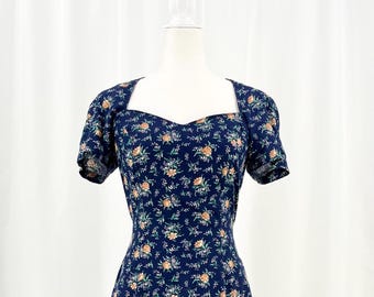 Vintage 1970s Calico Floral Sweetheart Puff Sleeve A-Line Dress S