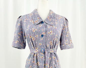 Vintage 1970s-Does 1940s Lavender Floral Puff Sleeve Day Dress L