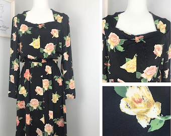 Vintage 1940s Style Rayon Crepe Pink and Yellow Roses Land Girl WWII Dress