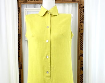 Vintage 1960s-70s Canary Yellow Mod Linen Romper Skort Playsuit Mini Shirtdress M-L