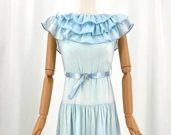 Vintage 1920s-30s Powder Blue Sheer Cotton Voile Ruffled Drop Waist Dress XXS