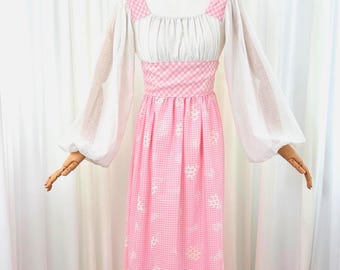 Vintage 1970s Pink Gingham Cotton Maxi Dress with Flocked Fruit Novelty Print XXS-XS