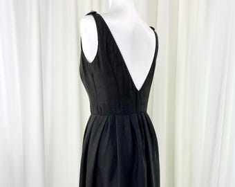 Vintage 1960s Black Dupioni Silk Dress Rhinestone Detail Plunge Back S