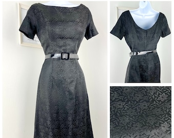 Vintage 1950s-60s Black Floral Damask Wiggle Dress LBD with Plunge Back