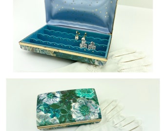 Vintage 1960s Wallpaper Covered Metal Earring Case with Flocking and Starburst Brooch Storage