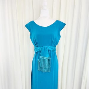 Vintage 1960s Turquoise Rayon Crepe and Satin Fringe Column Dress with Plunge Back L
