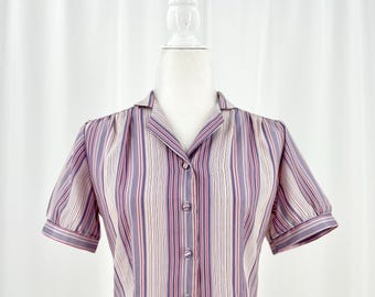 Vintage 1970s Ruched Puff Sleeve Silky Striped Blouse M