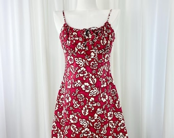 Vintage 1990s Hawaiian Aloha Floral Print Cotton Spaghetti Strap Mini Dress with Ruched Bust