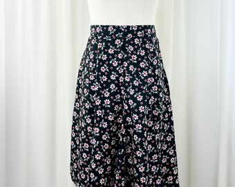 Vintage 1990s Black, White, and Red Rayon Ditsy Floral Flared Fluttery Mini Skirt M