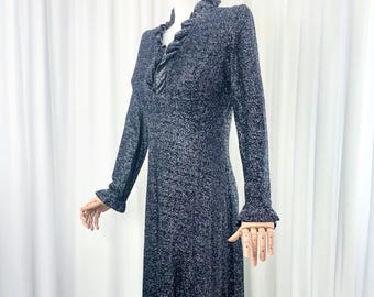 Vintage 1970s Full-Length Silver Lurex Sparkly Prom Dress with Ruffles M-L