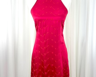 Vintage 1990s Red Satin Eyelet Mini Dress with High Neck