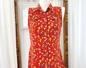Vintage 1990s Ditsy Floral Mini Shirtdress Bright Red Crepe S-M