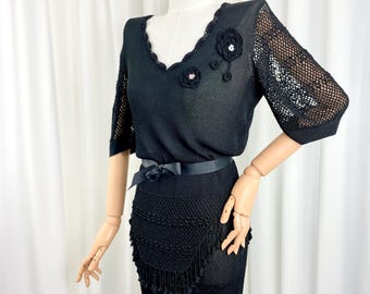 Vintage 1970s Black Rayon Crochet Knit Dress Set: Blouse and Maxi Skirt S M