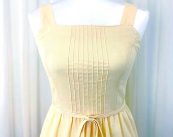 Vintage 1970s-80s Lemon Yellow Lanz Linen Sundress with Pintucked Details and Pockets XS