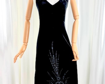 Vintage 1990s Burnout Velvet Halter Slip Dress Bias Cut Silk and Sequins  S
