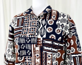 Vintage 1950s Cotton Barkcloth Tiki Hawaiian Shirt M