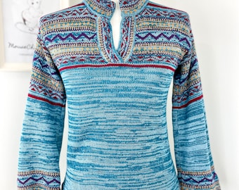 Vintage 1960s-70s Multicolored Space Dye Bell Sleeve Sweater with V-Neck and Stand Collar