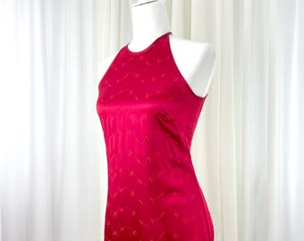 Vintage 1990s Red Satin Eyelet Mini Dress with High Neck