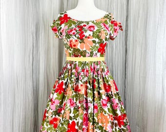 Vintage 1950s Bright Tropical Floral Cold Shoulder Full Swing Skirt Dress L