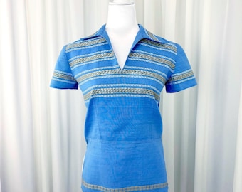Vintage 1950s Embroidered Greek Key Motif Cerulean Blue Linen Patio-Style Blouse S