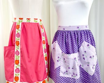 Vintage 1950s Set of Colorful and Lacey Half Aprons, NOS