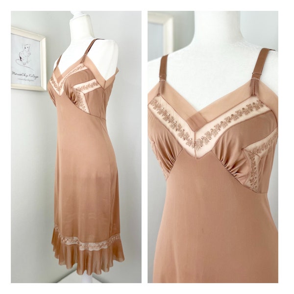 Vintage 1950s Suntan Embroidered Slip with Sheer Pleated Trim