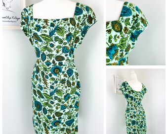 Vintage 1950s Novelty Indian Block Print Cotton Pastel Turquoise Floral Wiggle Dress S-M