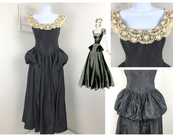 Vintage 1940s Unique Black Taffeta and Bobbin Lace Peplum Full Skirt Ball Gown