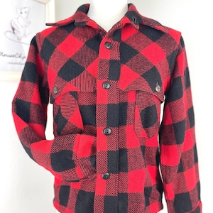 Vintage 1950s Buffalo Plaid Check 100% Heavy Woven Wool Vented Makinaw Jacket S-M