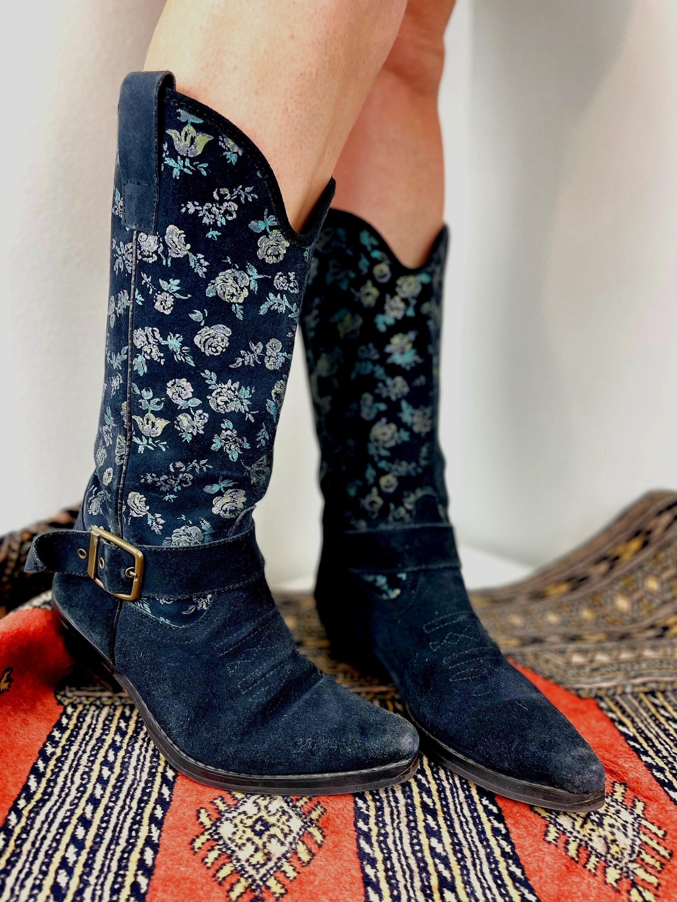 Vintage 1980s Suede Cowboy Boots With Iridescent Pastel Floral