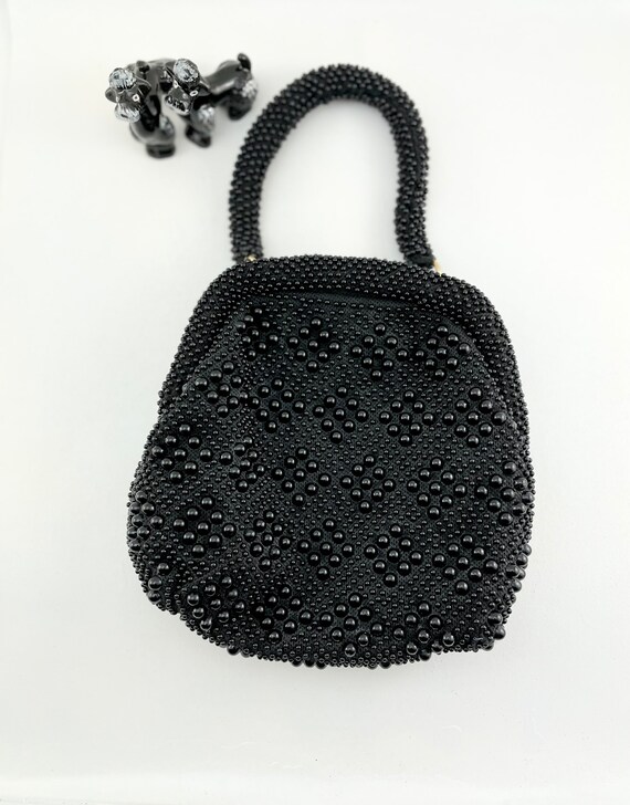 1960s Vintage Beaded Kiss Lock Handbag Vintage 60s Delill Black Beaded Handle Bag Purse Handbag W  main image 2