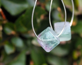 Green Purple Fluorite Crystal Boho Jewelry, Sterling silver minimal Love hoop earrings