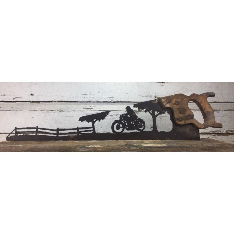 059 Motorcycle And Rider Cut By Hand Repurposed Hand Saw Wall Decor Metal Art