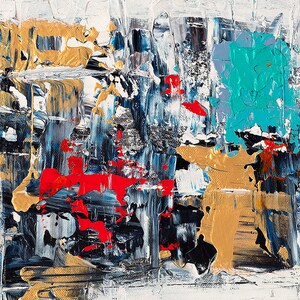 May include: Abstract painting with bold strokes of red, gold, blue, and turquoise on a white background.